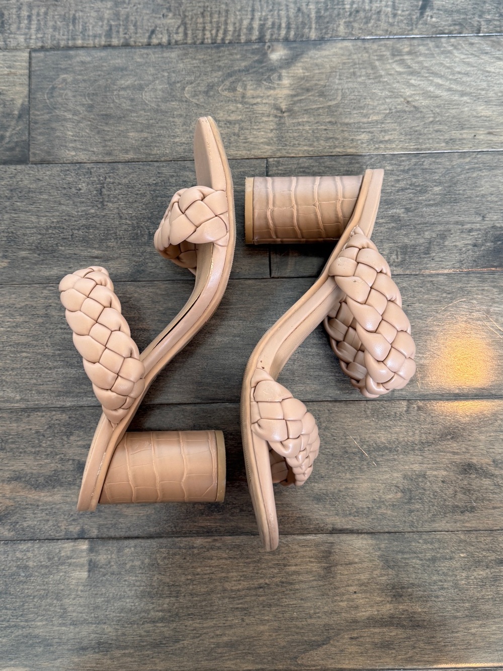 Tan Braided Double-Strap Block Heel Sandals
